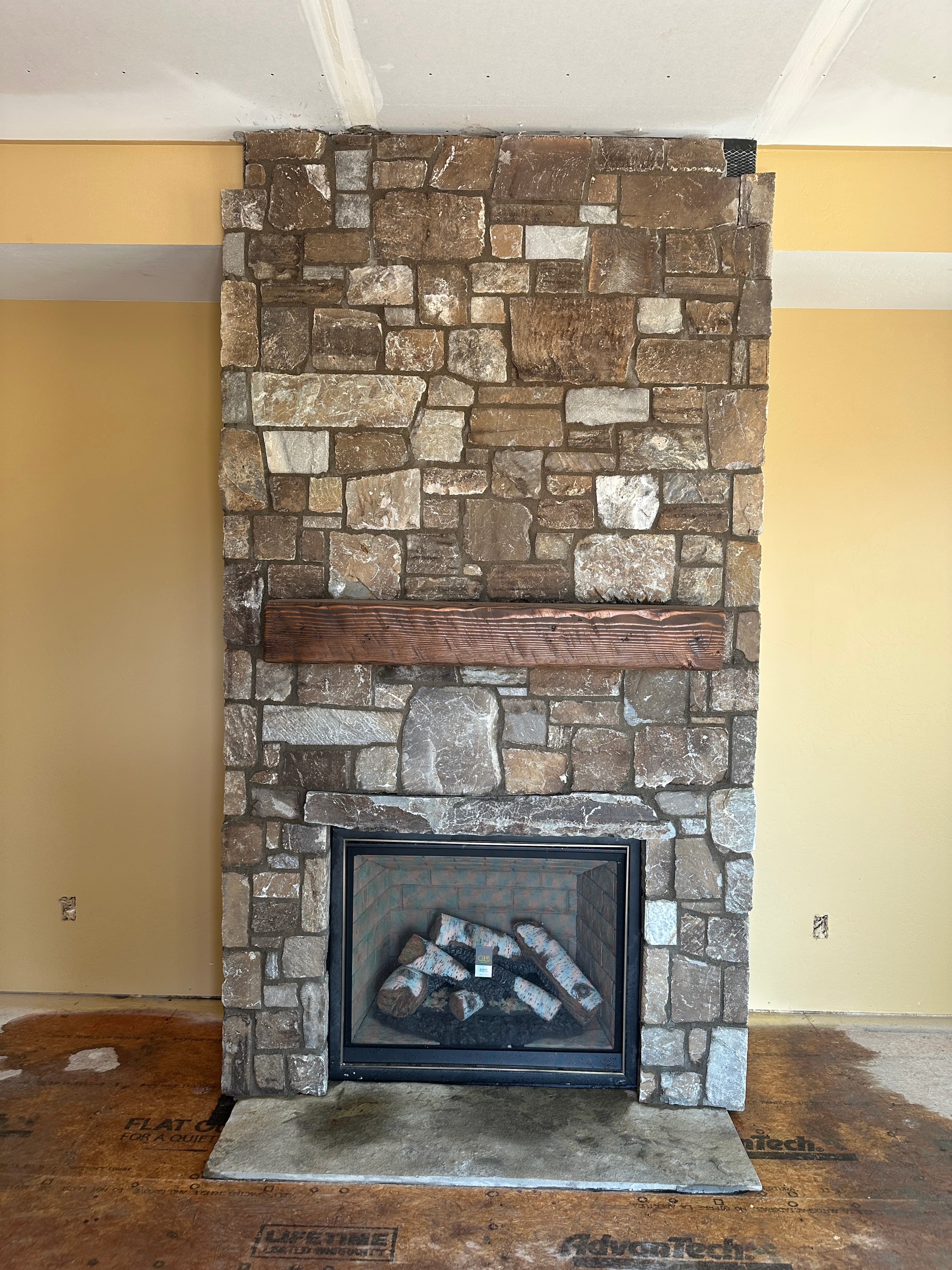 Indoor stone fireplace